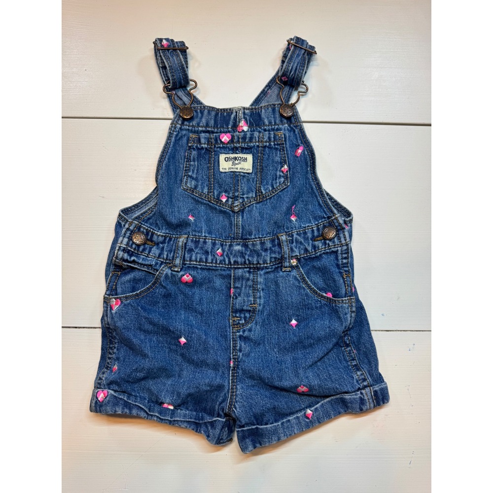 OshKosh Bgosh Girls Denim Heart Embroidered Shortalls Blue 24M